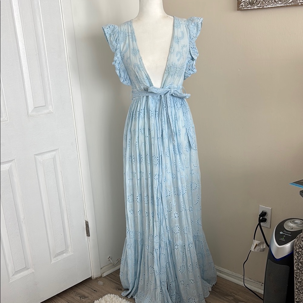 Light Blue Maxi Dress with Ruffle Sleeves
